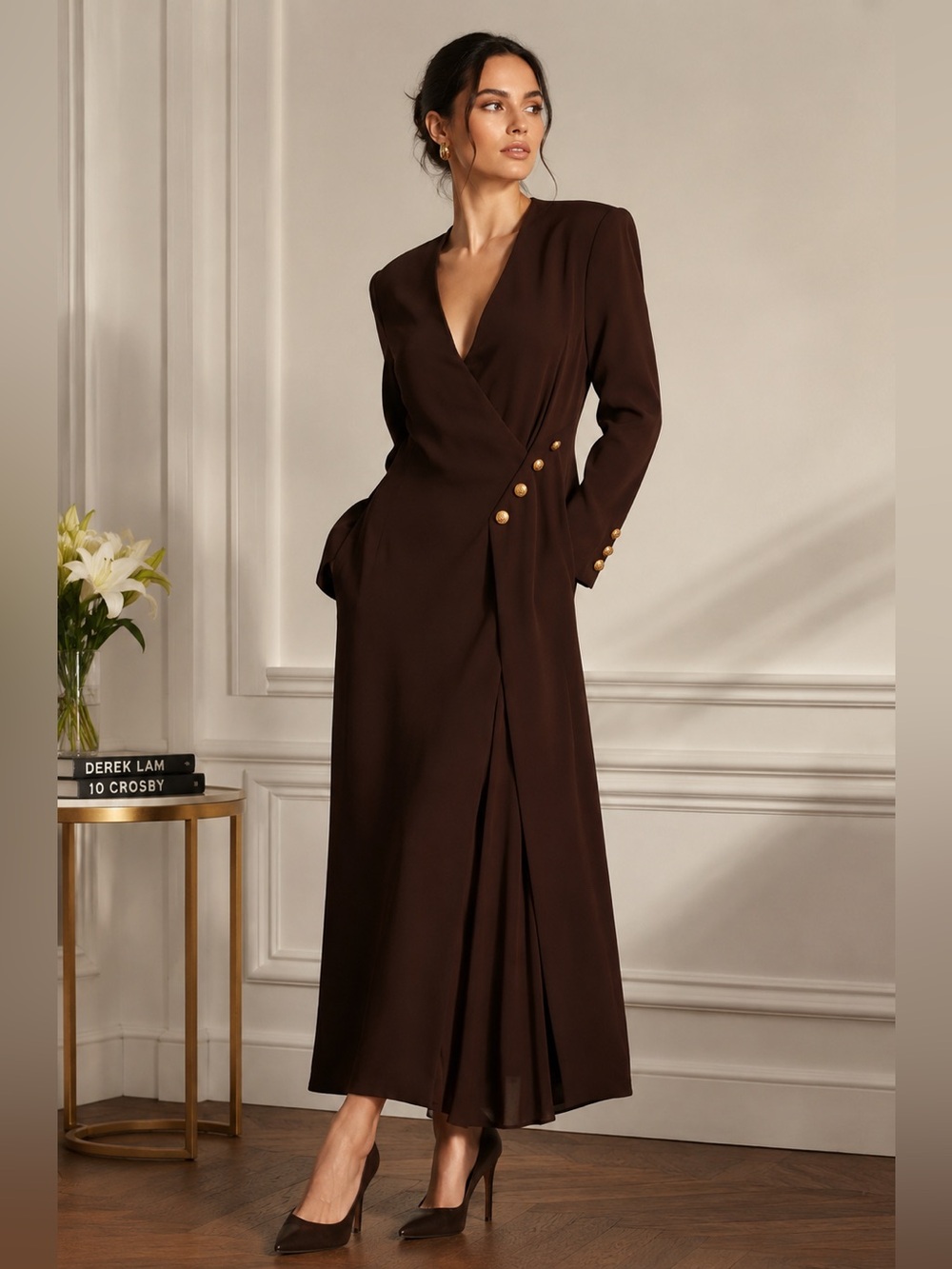 Escada Couture Silk Faux Wrap Gown Brown Gold Button Maxi Dress Germany Sz 38